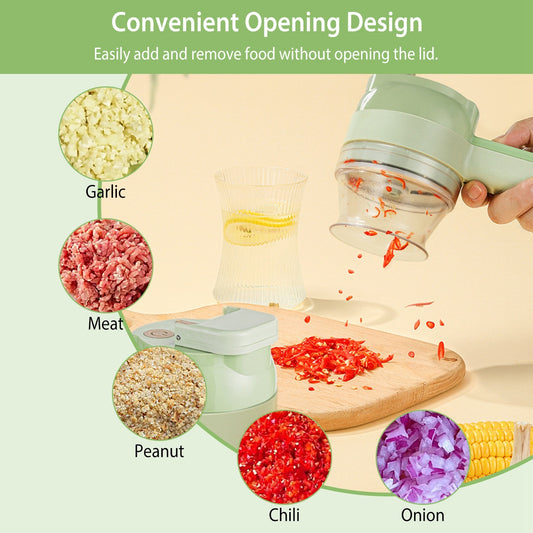 1 Set 4 In 1 Handheld Electric Vegetable Cutter Mini Food Fruit Chopper Grinder Slicer Dicer Garlic Meat Ginger Masher Rechargeable Food Processor
