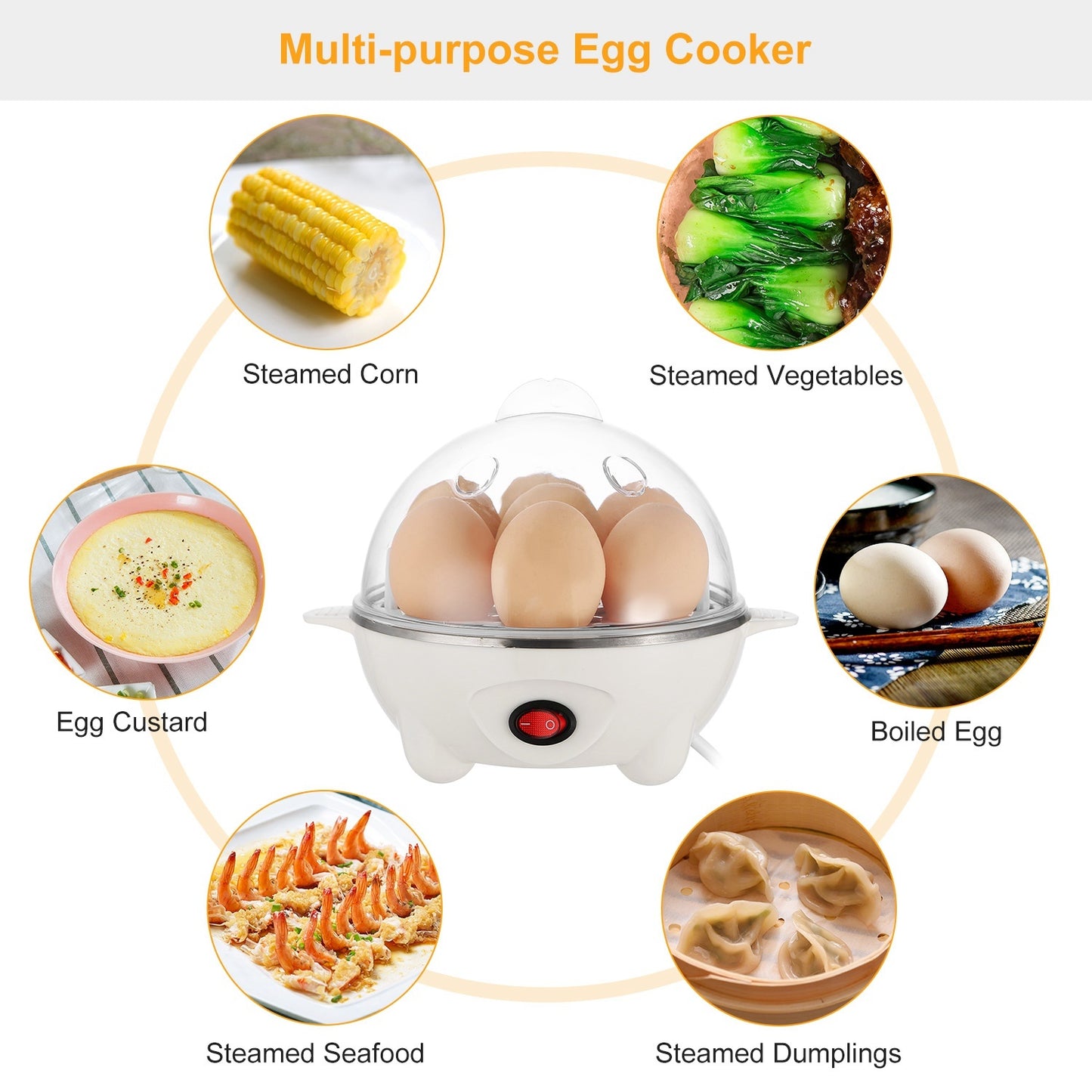 Electric Egg Cooker 7-Capacity Hard-Boiled Egg Maker With Auto-Off Steamer Cooker Hard Boiled Steamed Vegetables Seafood Dumplings