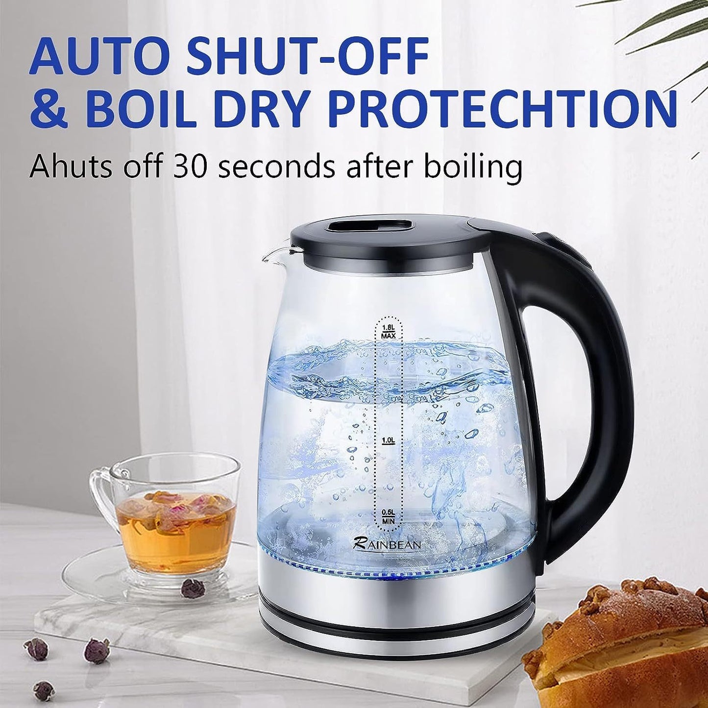 Electric Kettle Water Boiler, Hot Water Boiler With LED Light, Auto Shut-Off Small Electric Kettle, Glass Black