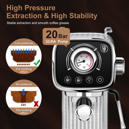 20 Bar Professional Espresso Machine With Milk Frother, Single & Double Shot, ESE Pod Compatible, Visual Display Of Pressure, Removable Water Tank For Cappuccino, Latte, Machiato