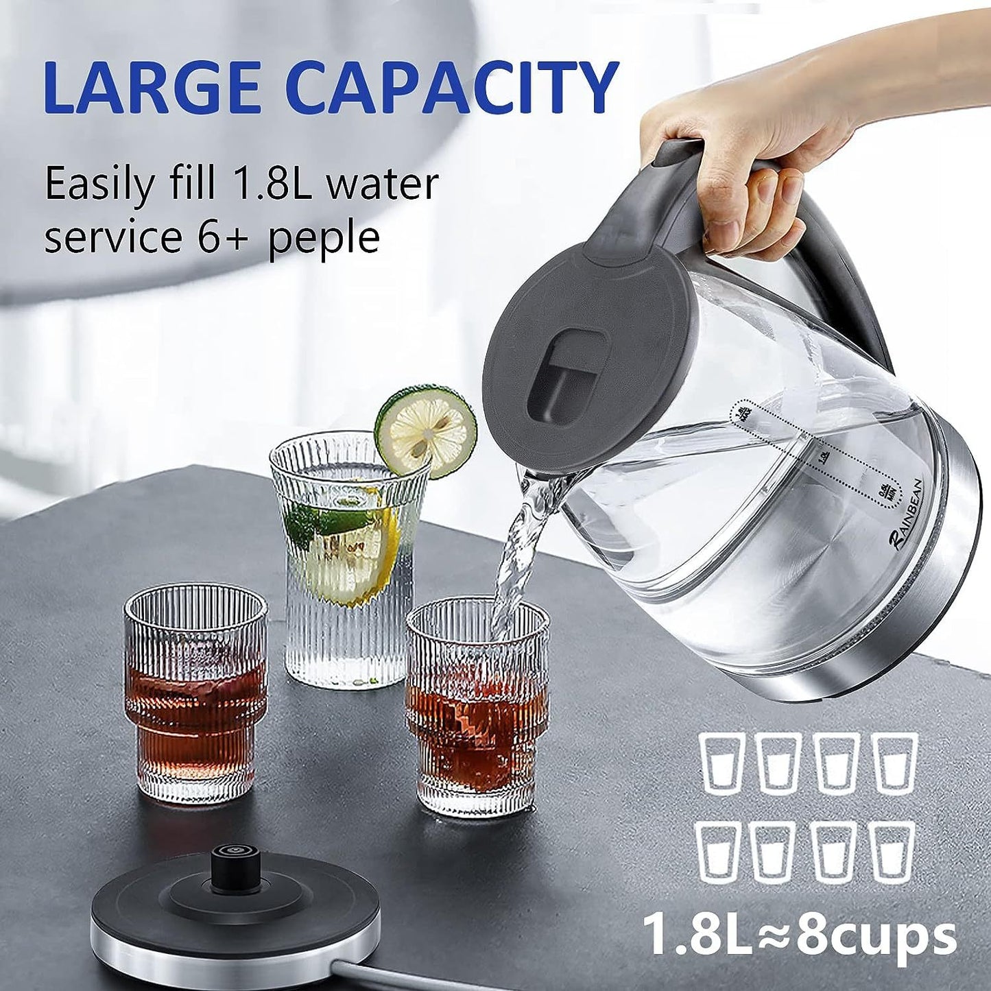 Electric Kettle Water Boiler, Hot Water Boiler With LED Light, Auto Shut-Off Small Electric Kettle, Glass Black