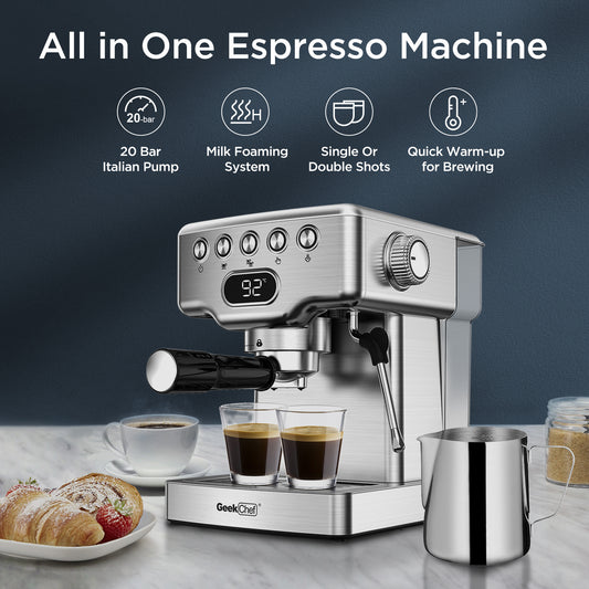 Espresso Machine, 20 Bar Espresso Machine With Milk Frother For Latte, Cappuccino, Macchiato, For Home Espresso Maker, 1.8L Water Tank, Stainless Steel