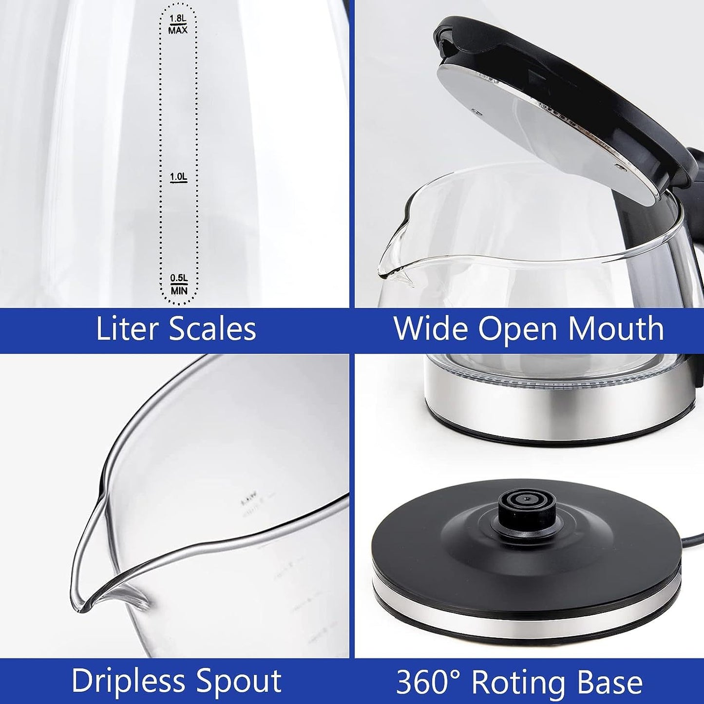 Electric Kettle Water Boiler, Hot Water Boiler With LED Light, Auto Shut-Off Small Electric Kettle, Glass Black
