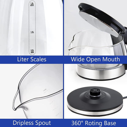 Electric Kettle Water Boiler, Hot Water Boiler With LED Light, Auto Shut-Off Small Electric Kettle, Glass Black